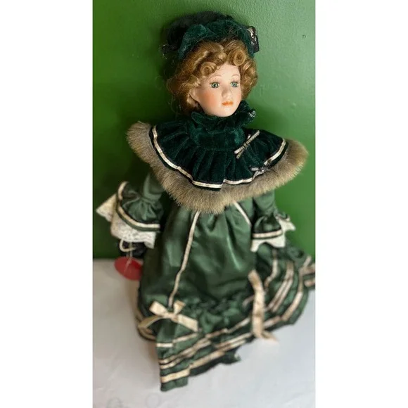 Marie Porcelain of the Past Collection Consoled Doll Green Victorian Dress 16in