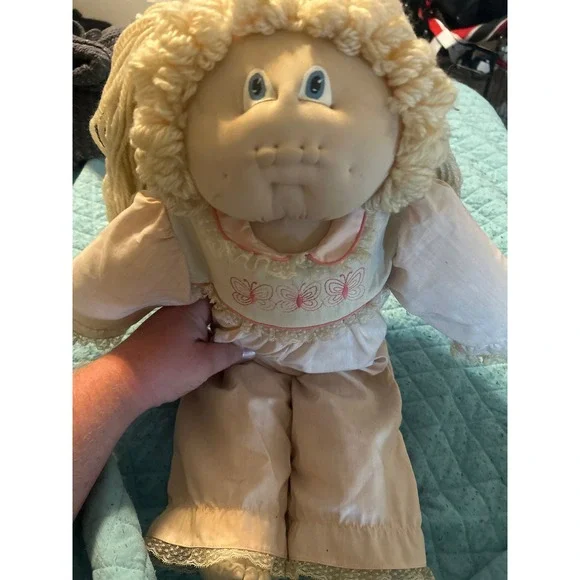 Vintage Handmade Soft Sculpture Doll Blonde Yarn Hair Pink Butterfly Jumpsuit 80