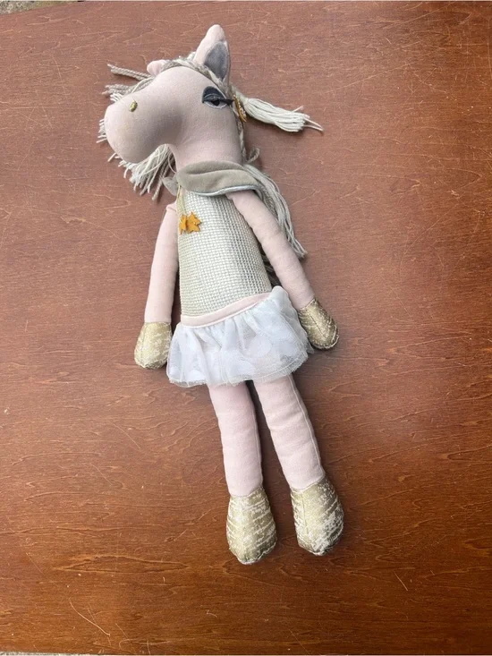 Pottery Barn Kids Silvie Horse Handmade with gold spark Dress & tutu  braid 19”