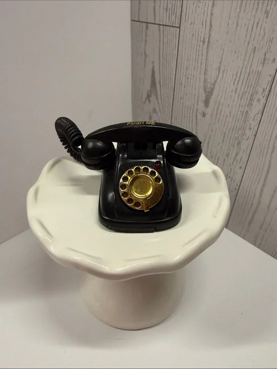 Black Retro Rotary-Style Toy Phone with Gold Dial. Trinket sized.