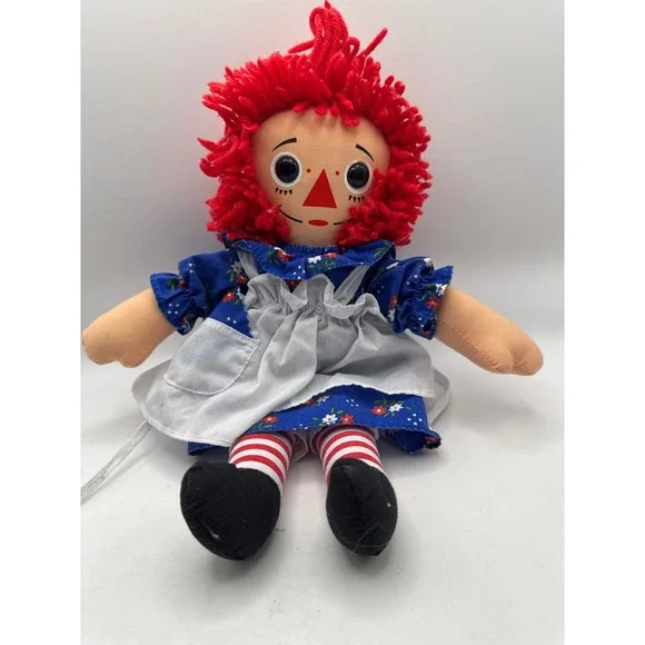 Raggedy Ann Doll Classic‎ Red Yarn Hair Blue Floral Dress White Apron