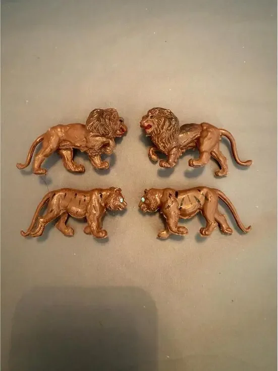 Vintage 1:12 Miniature Lion & Tiger Figurines, Hand-Painted Gold Plastic