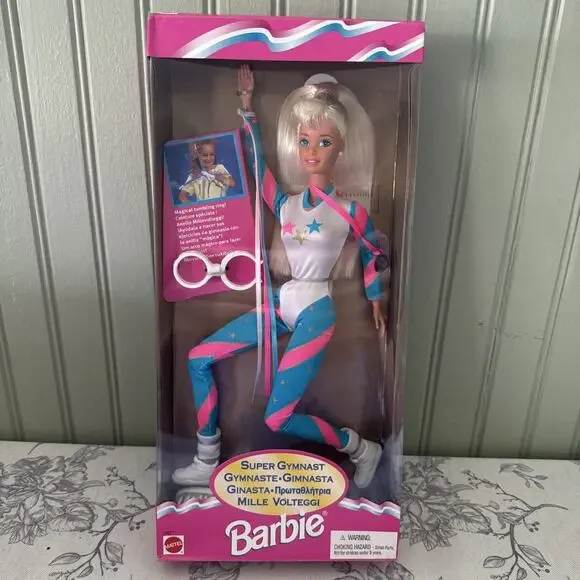 VTG NEW 1995 Barbie SUPER GYMNAST Doll Blonde Hair #15821 NRFB Multilingual box