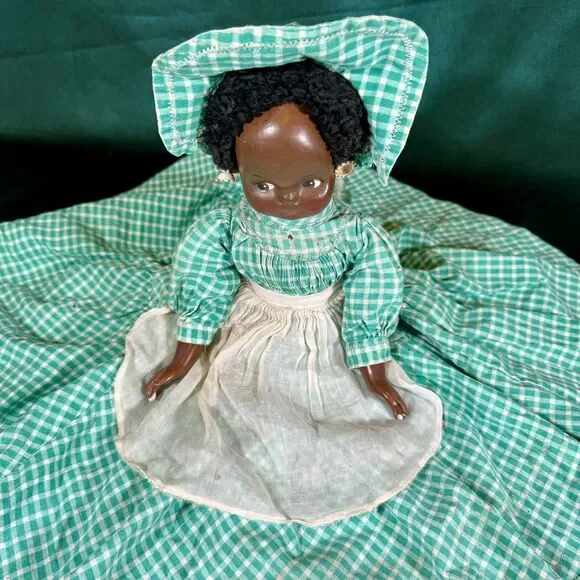 Vintage Handmade African American Doll Folk Art Decor Green Gingham Dress