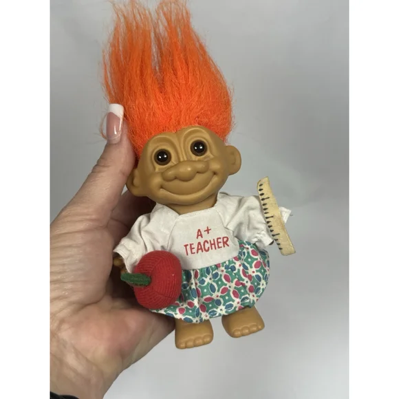 Russ Troll Doll A+ Teacher, Orange Hair, Ruler Apple Outfit Vintage 1980s School