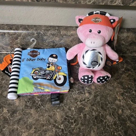 Harley Davidson Lil' Biker Baby Plush Pig Mirror & Soft Activity Book NWT Lot