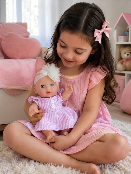 Cute 7” Baby Doll Pink Dress Blue Eyes Movable Arms Legs