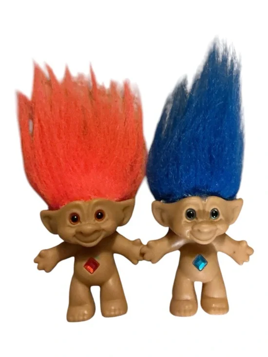 Retro-Inspired Troll Doll Pair with Red and Blue Hair