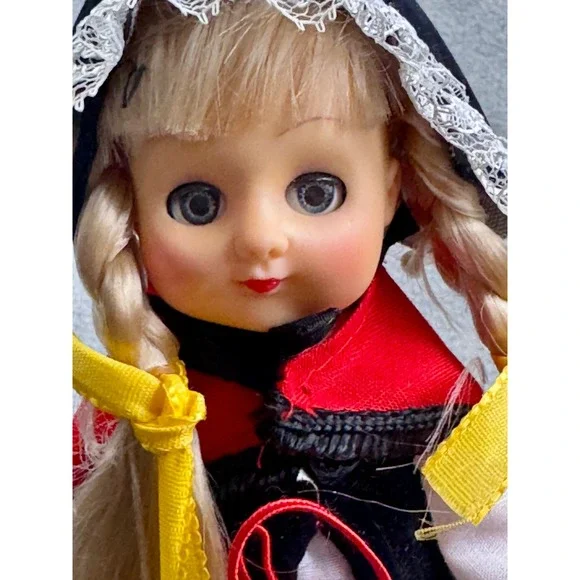 Vintage 7 Inch Folk Costume Souvenir Doll Blonde Braids Sleep Eyes Hong Kong