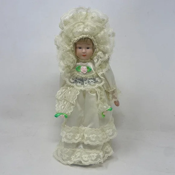 Vintage Porcelain Collector Doll 11.5 Inch Ivory Lace Satin Gown with Stand