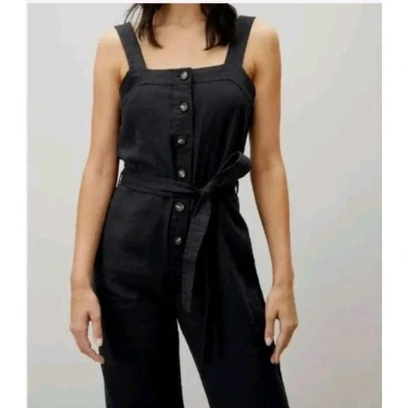 Everlane Linen Picnic Jumpsuit Womens 12 Black Button Belted Adjustable Straps
