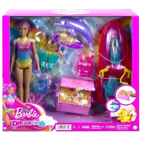 Barbie Beach Doll w/ Jet Ski Snorkel Fins + Puppy & Dolphins Dreamtopia NEW