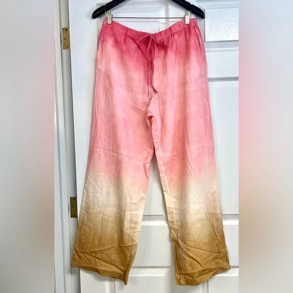 Zara Tie Dye Wide Leg Pants Linen Womens Size M Pink Rustic Hi Waist boho gypsy