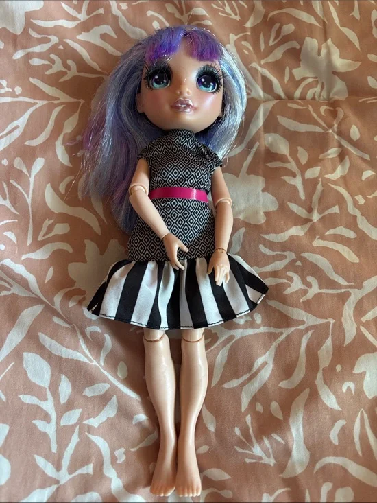 Purple-Haired Fashion Doll with Black & White Dress