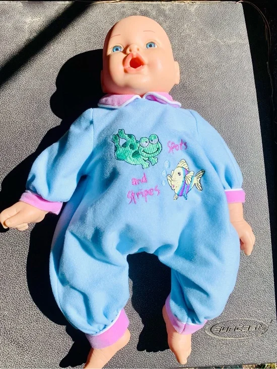 Baby doll toy Blue and Pink One-Piece Romper with Fish & Frog Embroidery