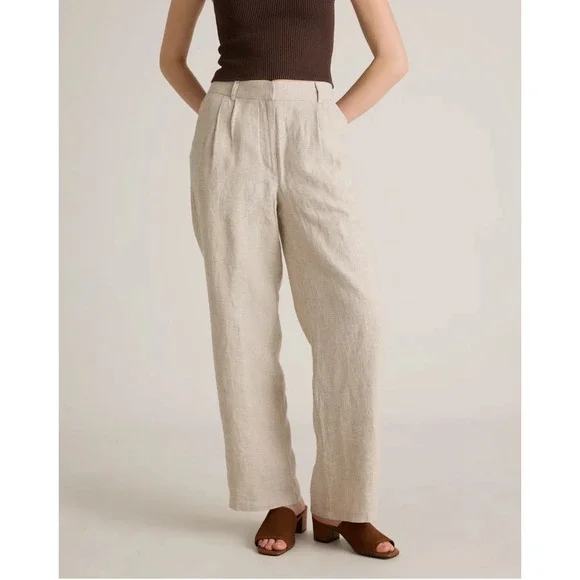 Quince 100% European Linen Pleated Trouser Wide‎ Leg Pants Beige NWT Womens 14
