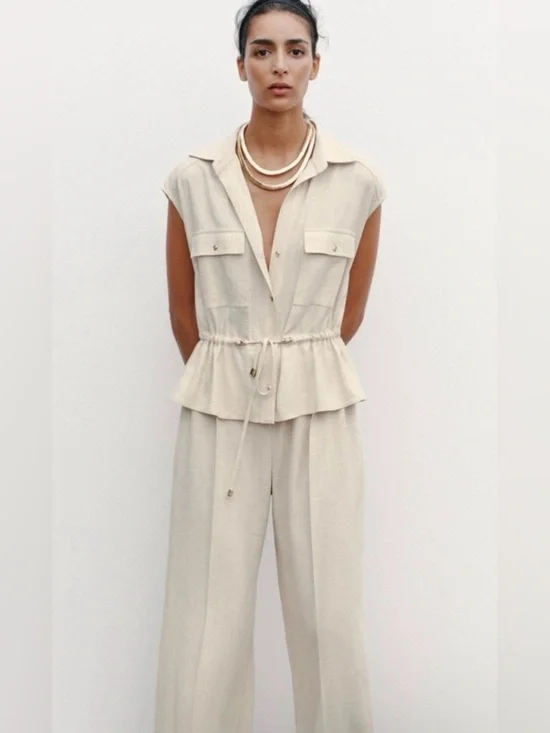 Zara Linen Blend Jumpsuit 2-Piece Look Ecru Oversized Breathable Waist Tie XS