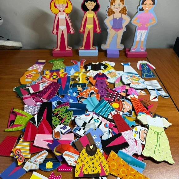 Giant Lot of Wooden Dress Up Magnetic Doll 4 Dolls and Tons of Outfits