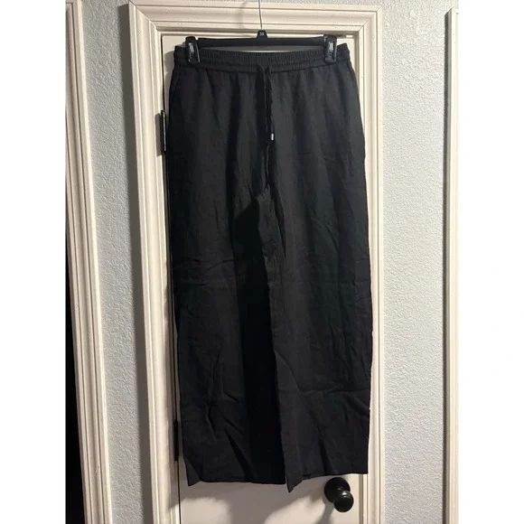 Zara Linen Blend Pants Women Large Black Wide Leg Elastic Drawstring Trousers