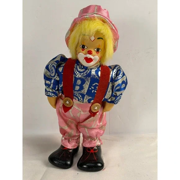 Vintage Porcelain Clown Doll Yellow Hair Blue Silver Pink Outfit 7.5 Inch