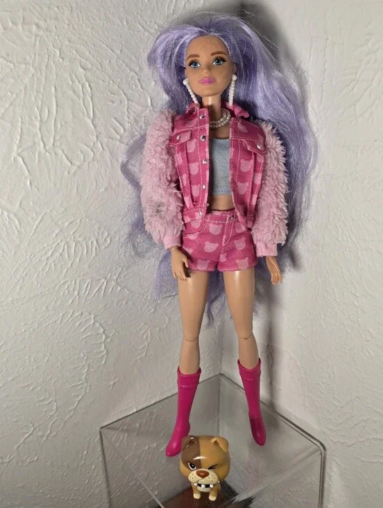 Barbie EXTRA #6 Doll Teddy Bear Print Pink Denim Outfit & Dog - Mattel