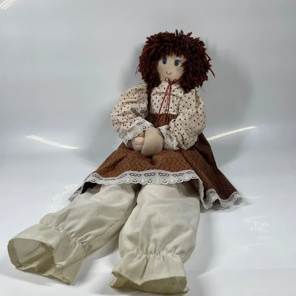 Vintage Handmade Rag Doll Brown Yarn Hair Floral Dress Lace Bloomers 29