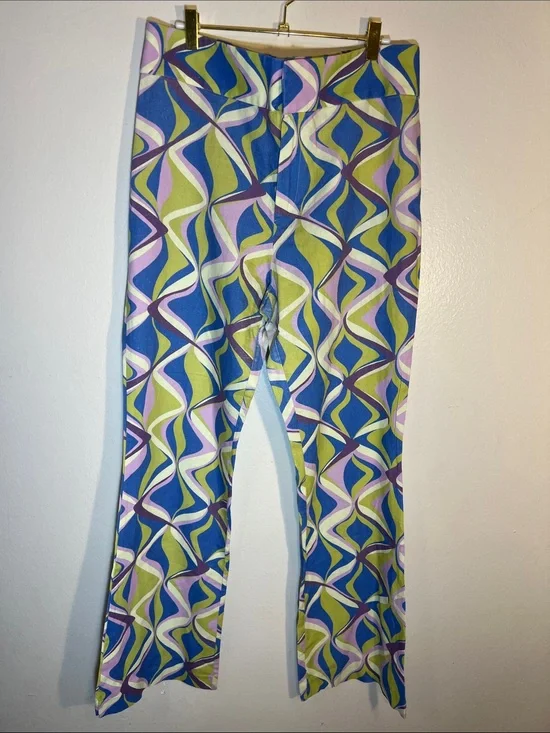Zara Boot-Cut Groovy Retro Linen Pants in Blue, Green Lilac Geometric Print XL