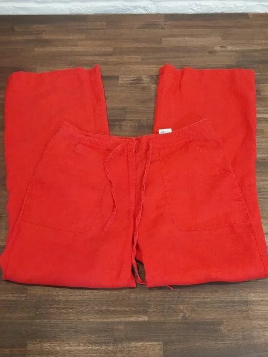 H&M 100% Linen Red Wide Leg Pants Womens 8 Pull On Drawstring Waist 29 x 30