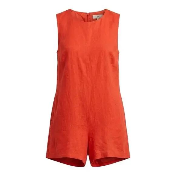 Banana Republic 100% Linen Romper XS Coral Sunset Red Sleeveless Summer Coastal