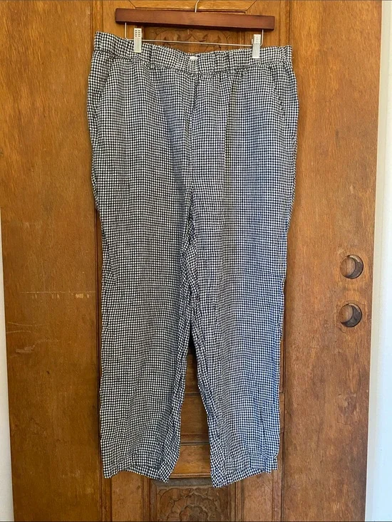 QUINCE 100% linen gingham trouser pant XL black white elastic waist pockets
