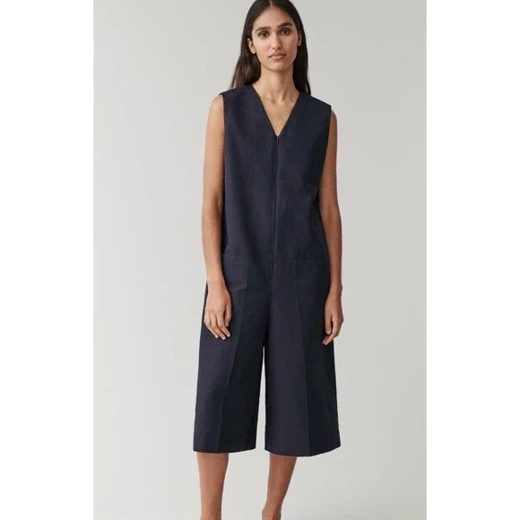 COS Linen Blend Sleeveless Wide Leg Cropped Jumpsuit Navy Minimalist Lagenlook