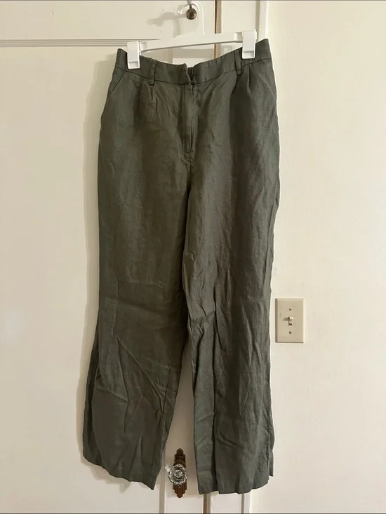 Quince Bayberry Olive Green 100% Linen Pleated Trousers