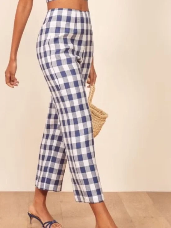 Reformation Mara Linen Gingham Navy & White Pants - Size 4