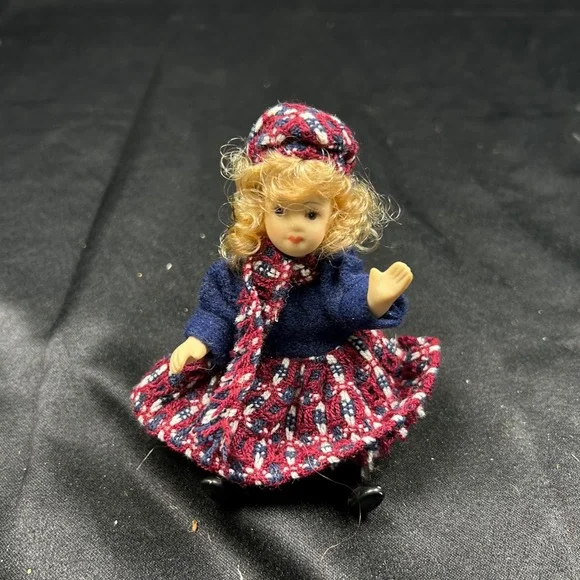 Vintage Miniature Porcelain Doll Blonde Hair Blue Coat Red Knit Skirt 4 Inch