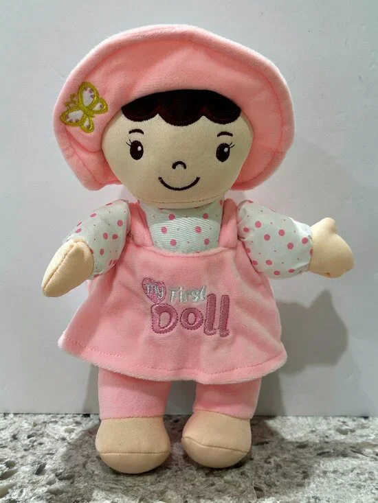 Linzy My First Doll Plush Pink Stuffed Baby Toy Embroidered Butterfly Brown Hair