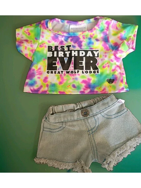 Build-A-Bear Workshop Tie Dye Birthday Shirt Jean Shorts Outfit Great Wolf Lodge