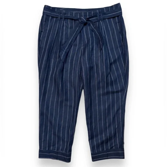 BANANA REPUBLIC Navy Striped Linen Blend Cropped Trousers Paper Bag Waist