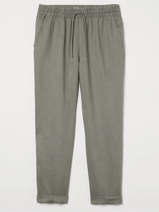 H&M‎ khaki Green Drawstring 100% Linen Womens Pants Sz-6. FF13