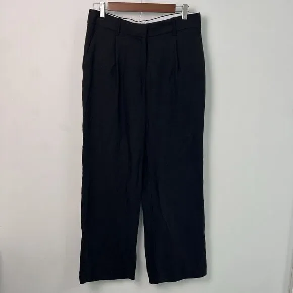 H&M Womens Pants Linen Blend Size 6 Pleated Front Pockets Black