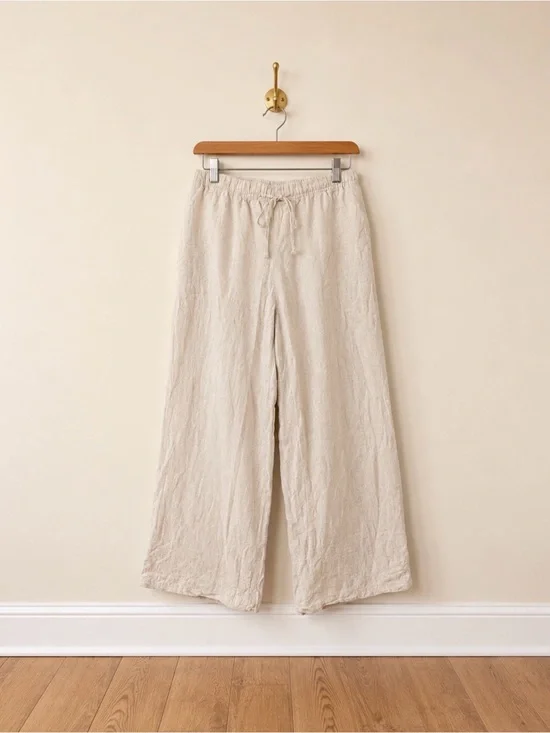 H&M Linen Blend Wide Leg Drawstring Pants Beige Large