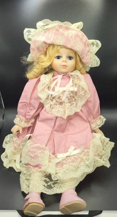 Vintage Porcelain Doll Victorian Style Pink Lace Dress Blonde Curly Hair Collect