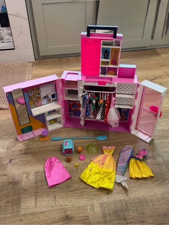 Barbie Pink Play Closet Carry Case with Yellow & Pink Dresses