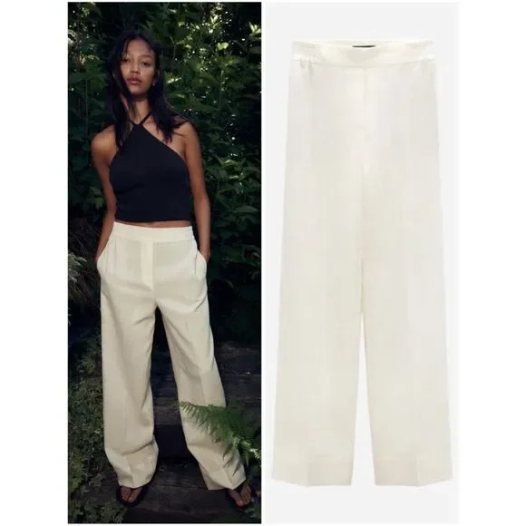 ZARA LINEN BLEND WIDE LEG PANTS ECRU