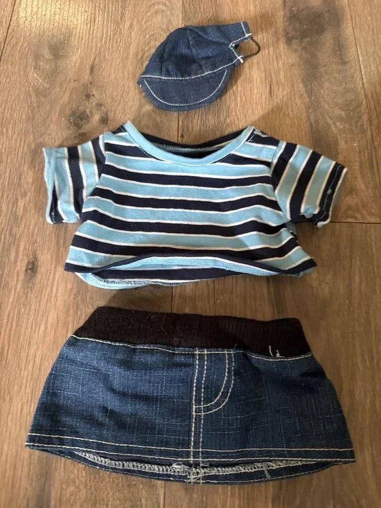 Blue & White Striped Doll Outfit With Denim Hat & Skirt