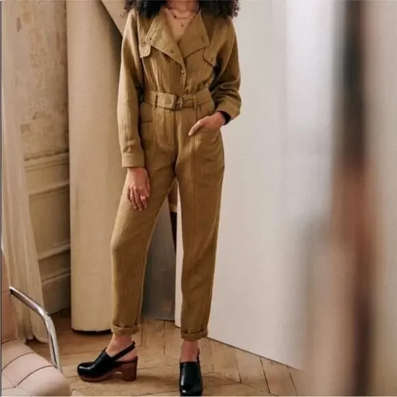 NWT Sezane Quilted Linen Cotton Hailey Jumpsuit in Olive Khaki - Size 34 (US 2)