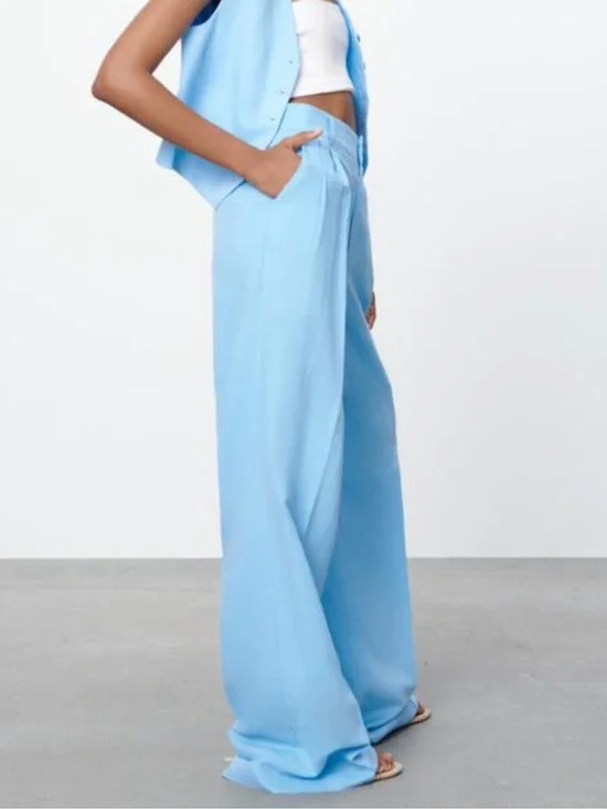 Zara High Waisted Tailored Trousers Linen Blend Blue