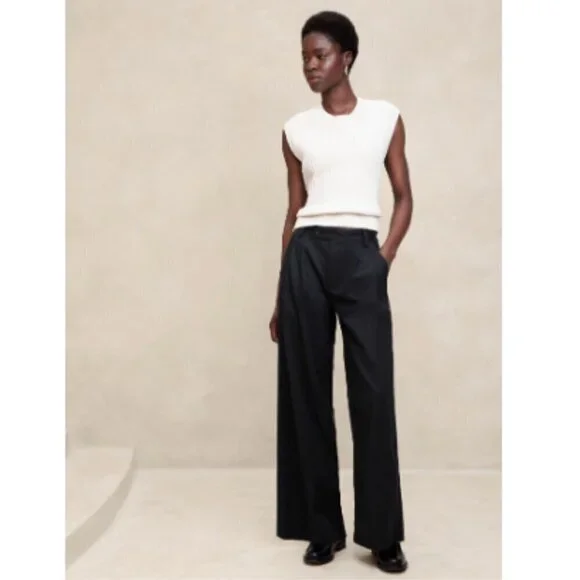 Banana Republic High Rise Pleated Wide Leg Linen Cotton Pants Black Size 6 NWT