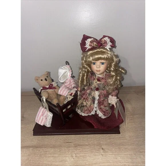 Collectible Memories Veronica Porcelain Doll w/ Teddy Bear Cradle + COA