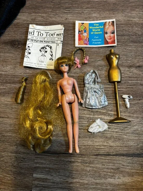Topper Dawn Head to Toe doll wearing original silver dress instructions wigs
