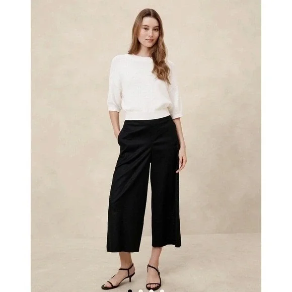 New Banana Republic Pants Small Linen Blend Cropped Flowy Wide Leg Black Pull On